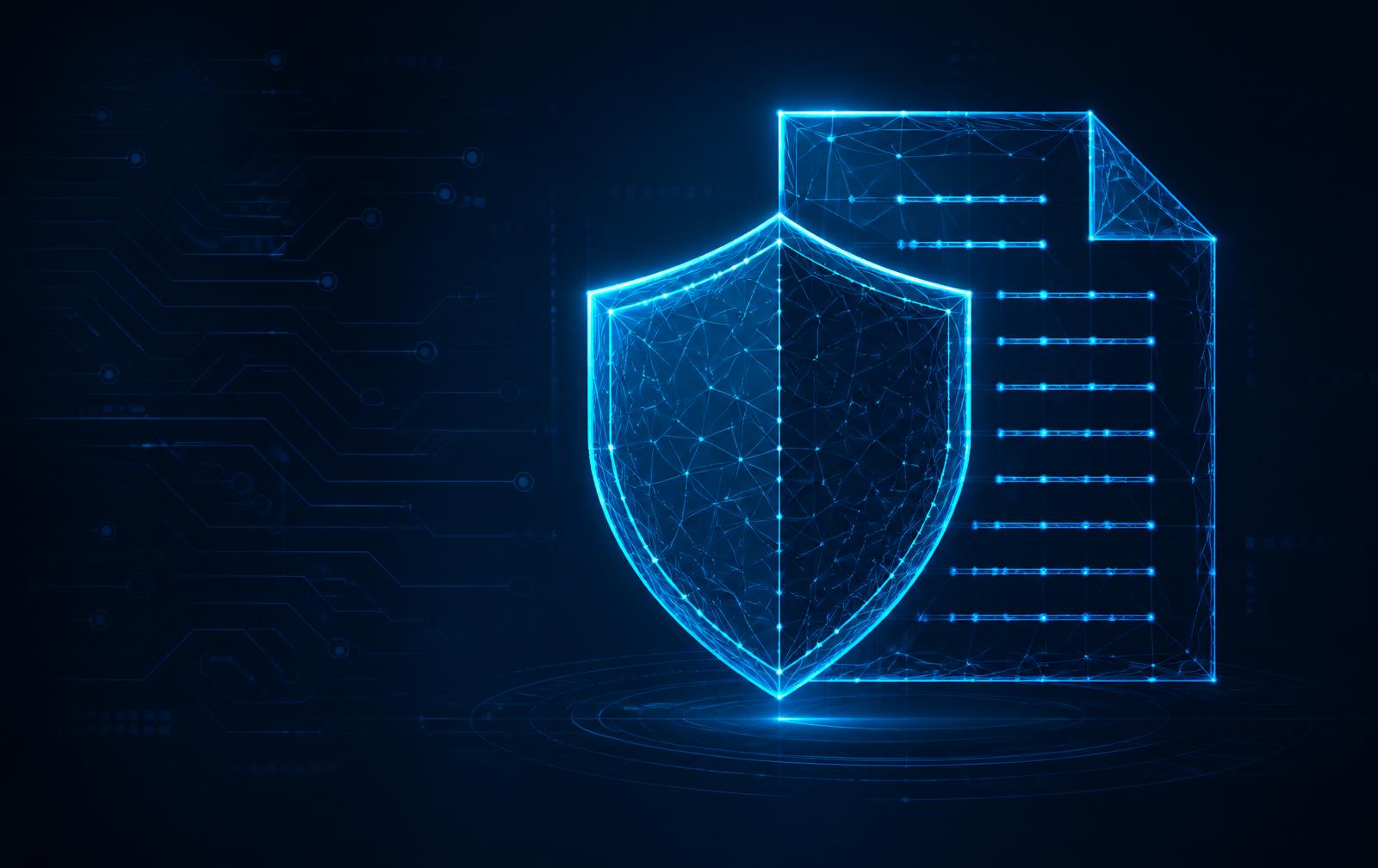 Digital shield and compliance document illustration representing ISO and cybersecurity toolkits
